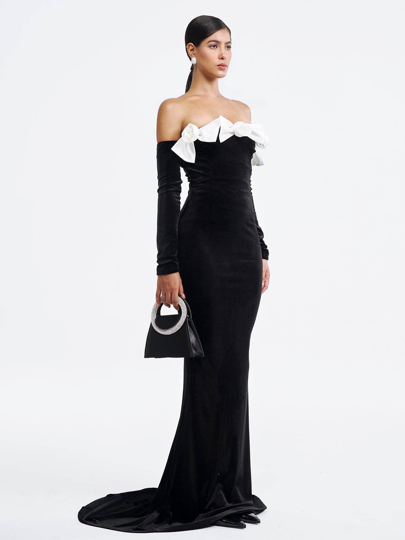 Off-the-Shoulder Velvet Gown with Bow Detailing - Black & White
