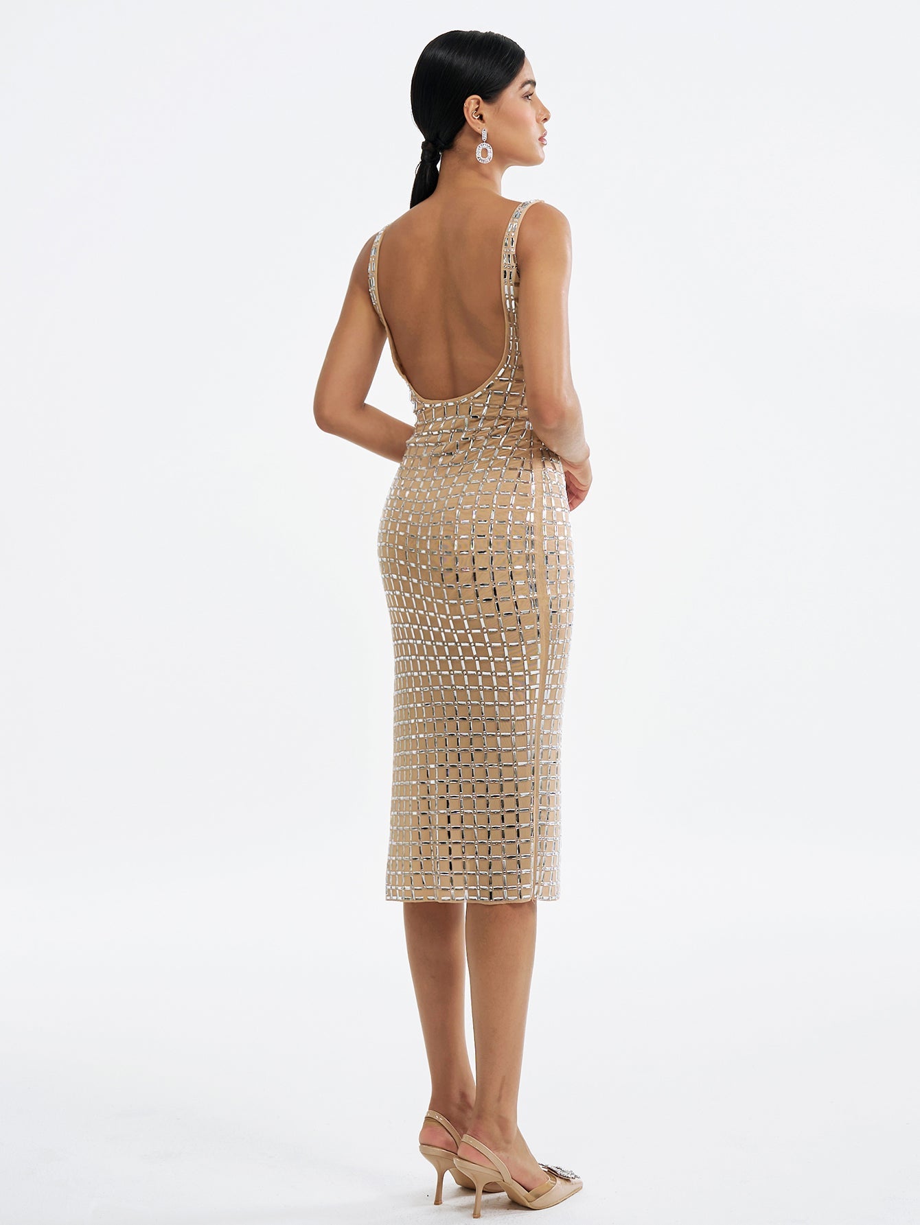 Sequin Grid Bodycon Dress with Slit