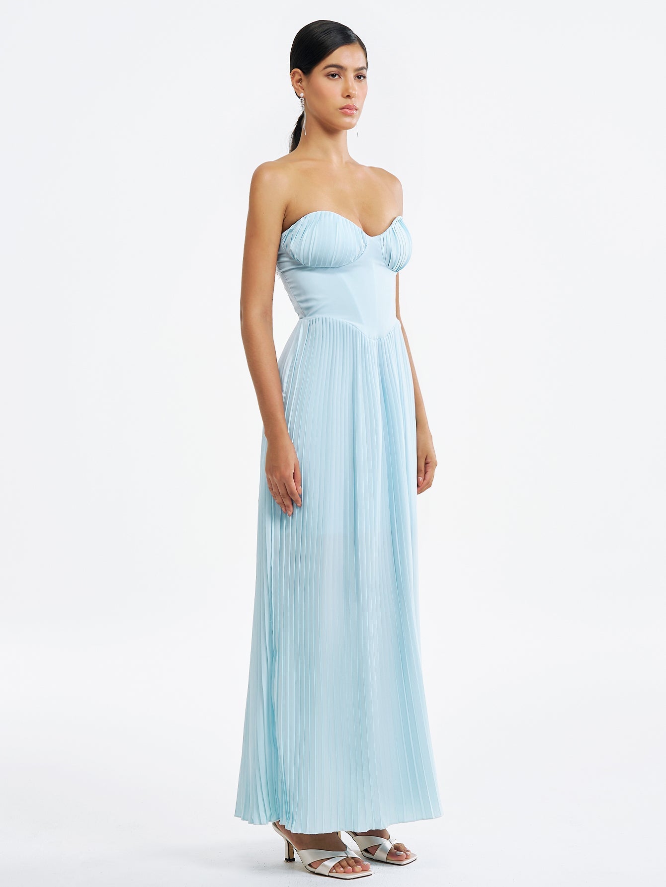 Strapless V Neck Pleated Corset Maxi Party Dress