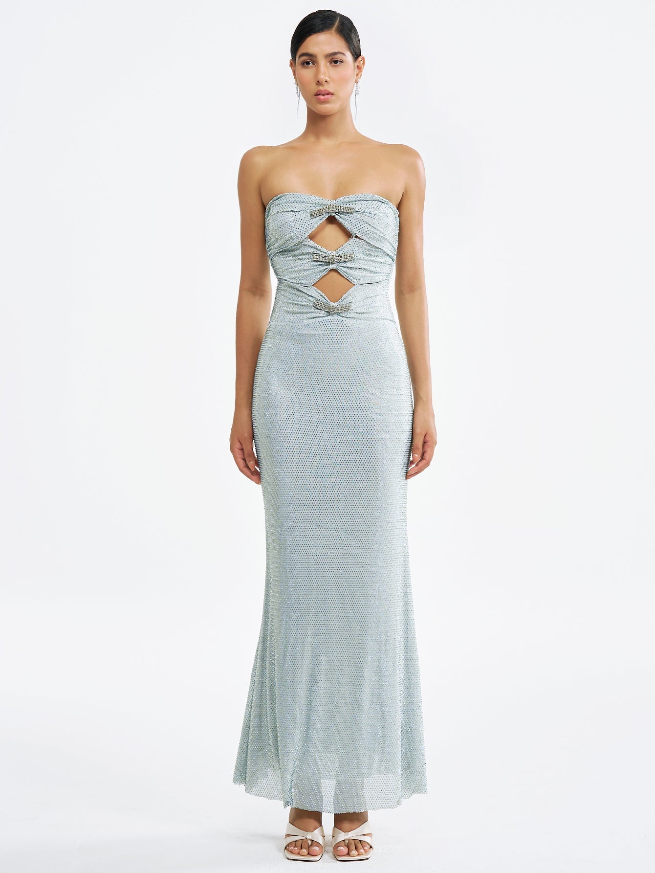 Sparkling Strapless Maxi Dress with Cutouts and Crystals