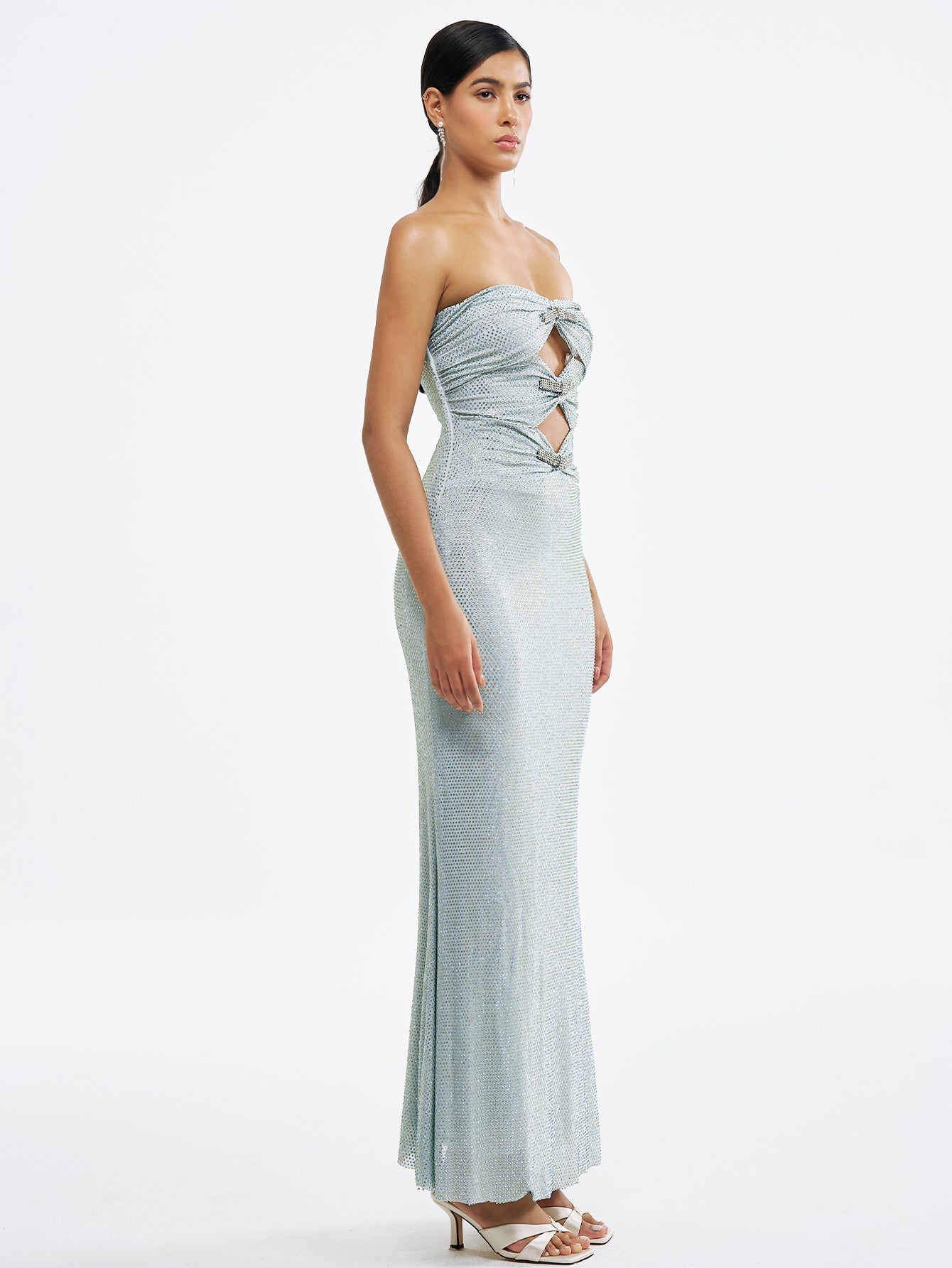 Sparkling Strapless Maxi Dress with Cutouts and Crystals
