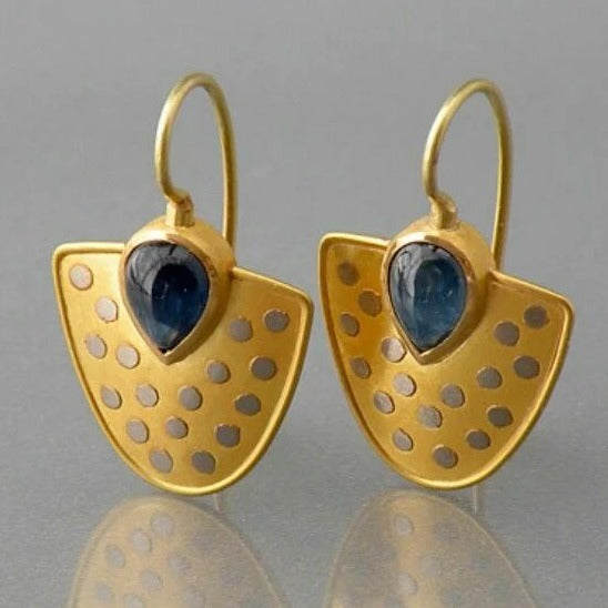 Exquisite Golden Sign Earrings Adorned with Dazzling Blue Crystals