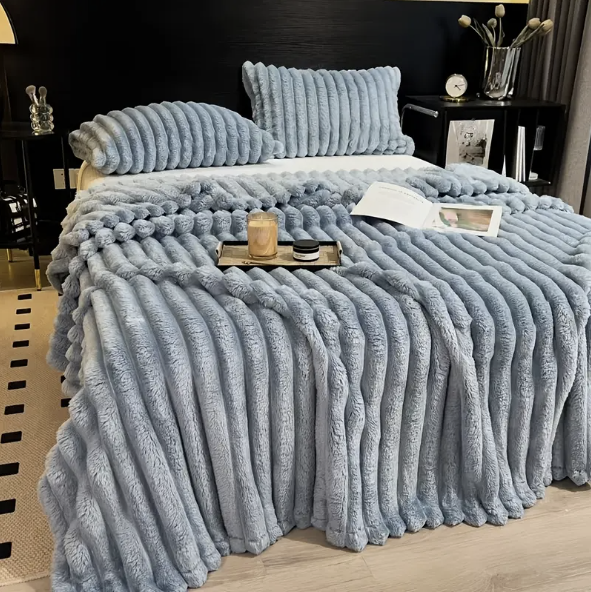 Cozy Heavy Flannel Blanket with Faux Rabbit Fur