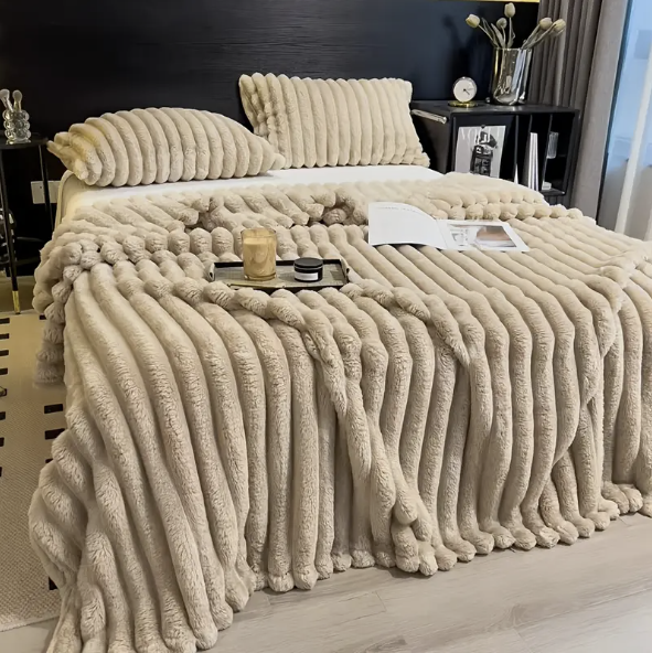 Cozy Heavy Flannel Blanket with Faux Rabbit Fur