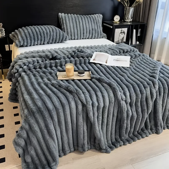 Cozy Heavy Flannel Blanket with Faux Rabbit Fur