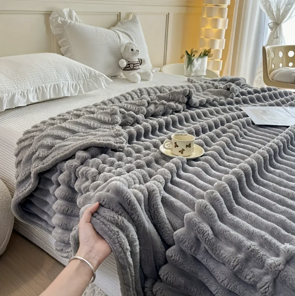 Cozy Heavy Flannel Blanket with Faux Rabbit Fur