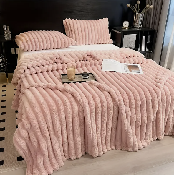 Cozy Heavy Flannel Blanket with Faux Rabbit Fur
