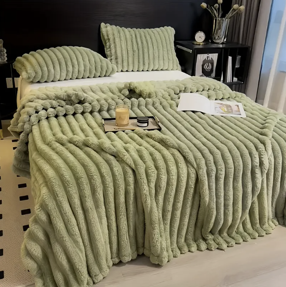 Cozy Heavy Flannel Blanket with Faux Rabbit Fur