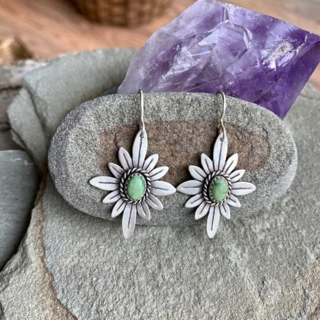 Stunning Sterling Silver Lotus Earrings Adorned with Dazzling Green Gemstones