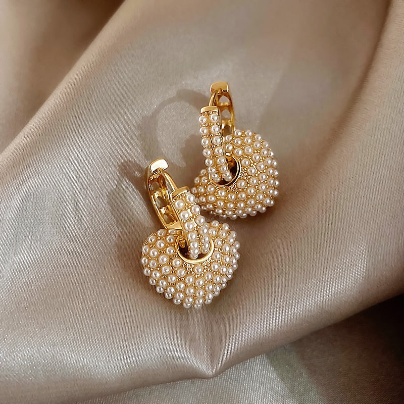 Elegant Gold Pearl Heart Earrings