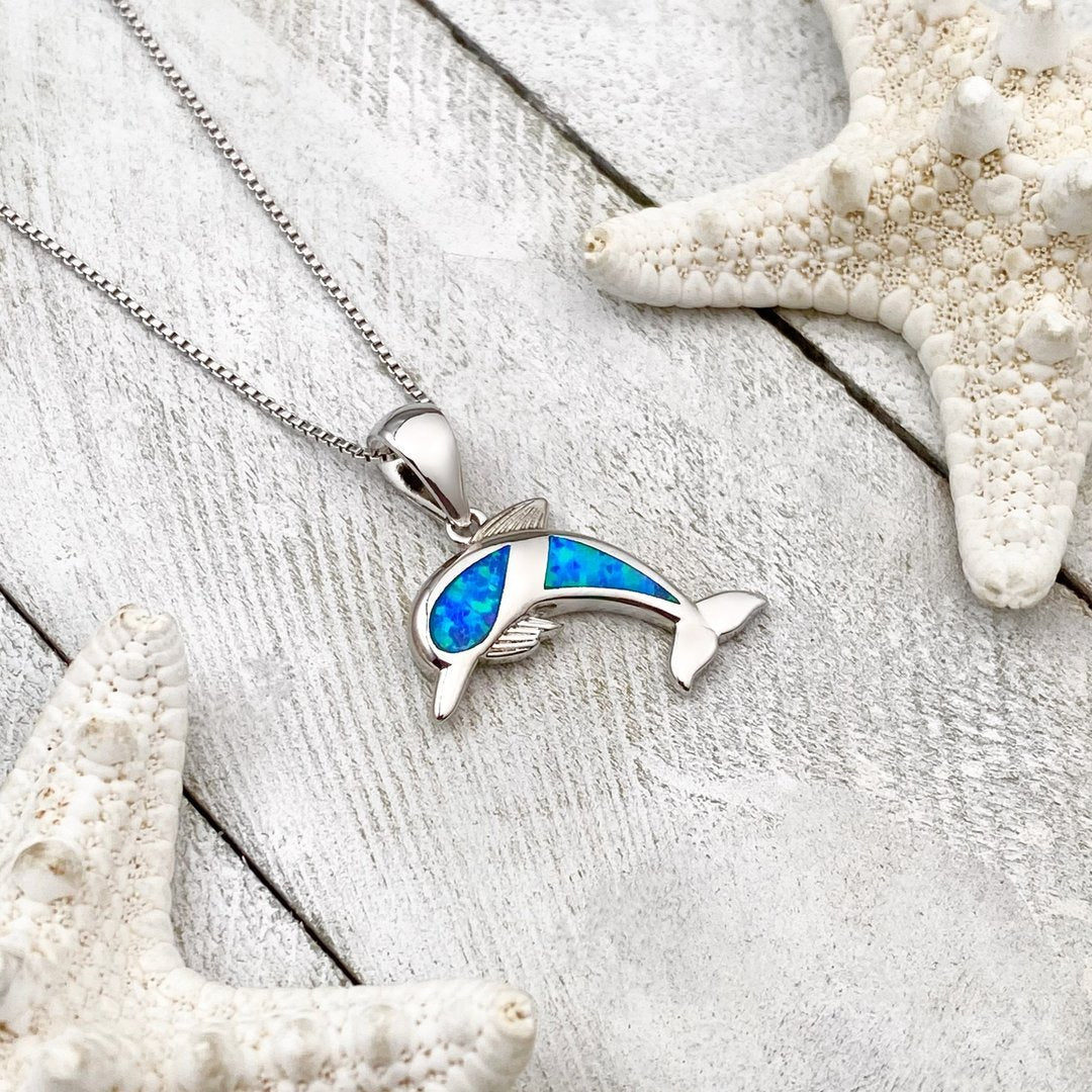 Seductive Dolphin Necklace made of Radiant Opal and Fine Silver