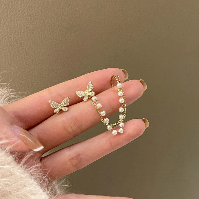 Stunning Golden Butterfly Earrings Adorned with Pearls and Dazzling Zirconia