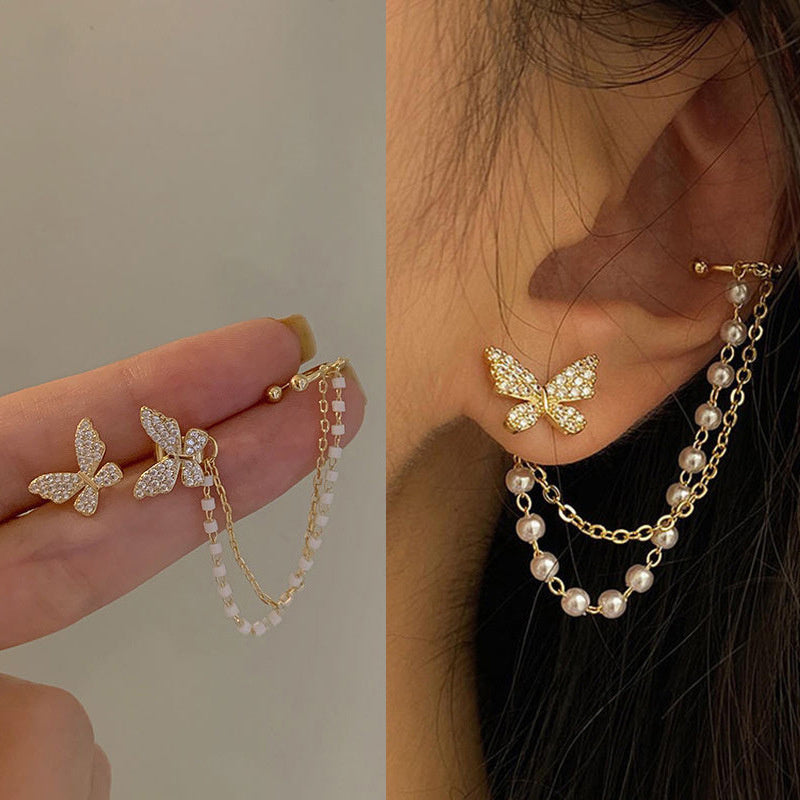 Stunning Golden Butterfly Earrings Adorned with Pearls and Dazzling Zirconia