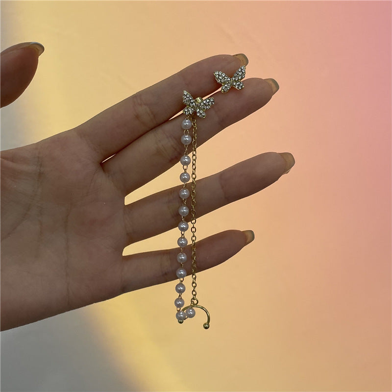 Stunning Golden Butterfly Earrings Adorned with Pearls and Dazzling Zirconia