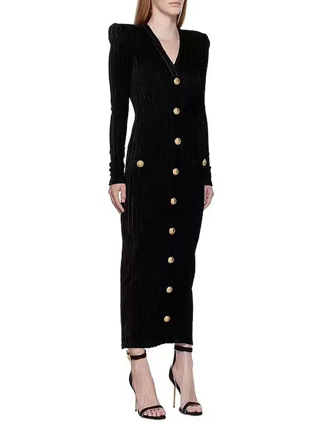 Elegant Midi Dress with Gold Buttons