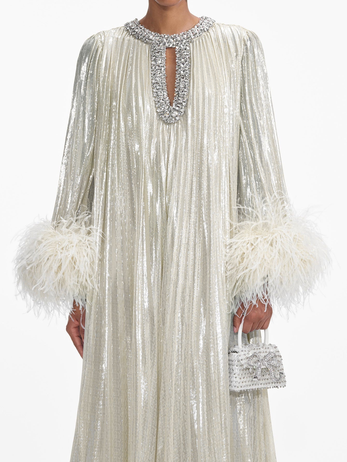 Pearlescent Satin Feather Embellished Evening Gown