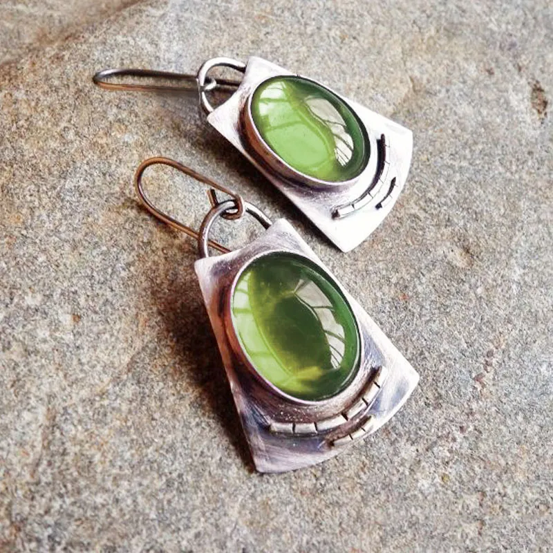 Chic Vintage Silver Earrings with Elegant Green Accents
