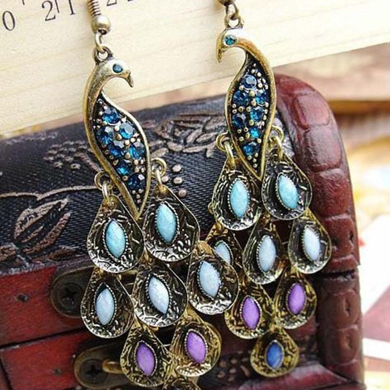 Elegant Vintage Peacock Earrings Adorned with Dazzling Crystals