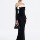 Off-the-Shoulder Velvet Gown with Bow Detailing - Black & White
