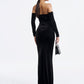 Off-the-Shoulder Velvet Gown with Bow Detailing - Black & White