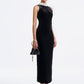 Black Velvet Gown with Pearl Embellished Neckline