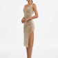 Sequin Grid Bodycon Dress with Slit