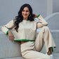 Contrast Knit Sweater & Elastic Waist Slit Pant 2 Piece Lounge Set