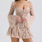 Lace Long Falre Sleeve Pleated Print Mini Dress