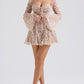Lace Long Falre Sleeve Pleated Print Mini Dress