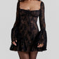 Lace Long Falre Sleeve Pleated Print Mini Dress