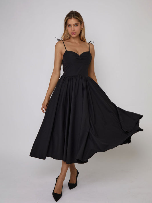 Elegant Black Midi Dress with Ruched Bust and Adjustable Straps