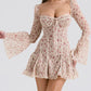 Lace Long Falre Sleeve Pleated Print Mini Dress