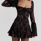 Lace Long Falre Sleeve Pleated Print Mini Dress