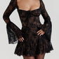 Lace Long Falre Sleeve Pleated Print Mini Dress