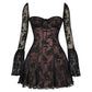 Lace Long Falre Sleeve Pleated Print Mini Dress