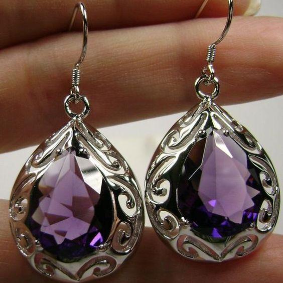 Chic Vintage Silver Earrings Adorned with Dazzling Purple Crystal Drops