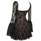 Lace Long Falre Sleeve Pleated Print Mini Dress