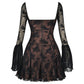 Lace Long Falre Sleeve Pleated Print Mini Dress