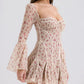 Lace Long Falre Sleeve Pleated Print Mini Dress