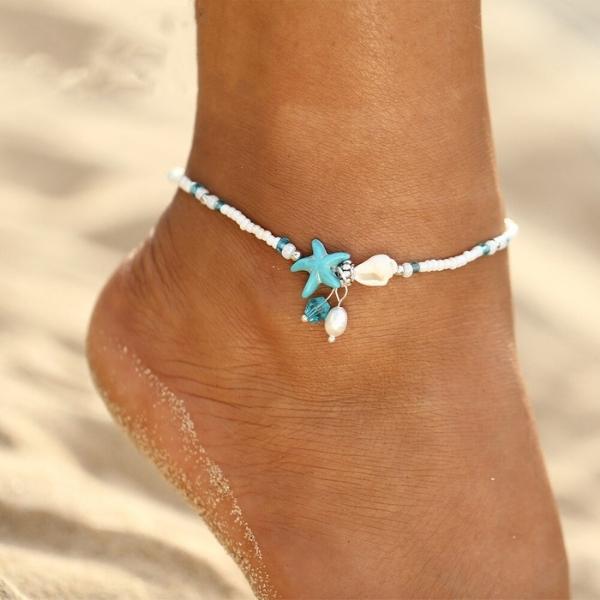 Elegant ankle bracelet and bracelet with star and shell motifs, decorated with fine natural stones