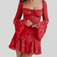 Lace Long Falre Sleeve Pleated Print Mini Dress