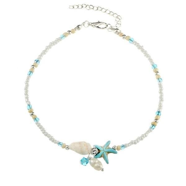 Elegant ankle bracelet and bracelet with star and shell motifs, decorated with fine natural stones