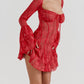 Lace Long Falre Sleeve Pleated Print Mini Dress