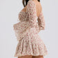 Lace Long Falre Sleeve Pleated Print Mini Dress