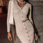 Apricot Knit Midi Dress with Button-Front Belted