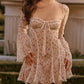 Lace Long Falre Sleeve Pleated Print Mini Dress
