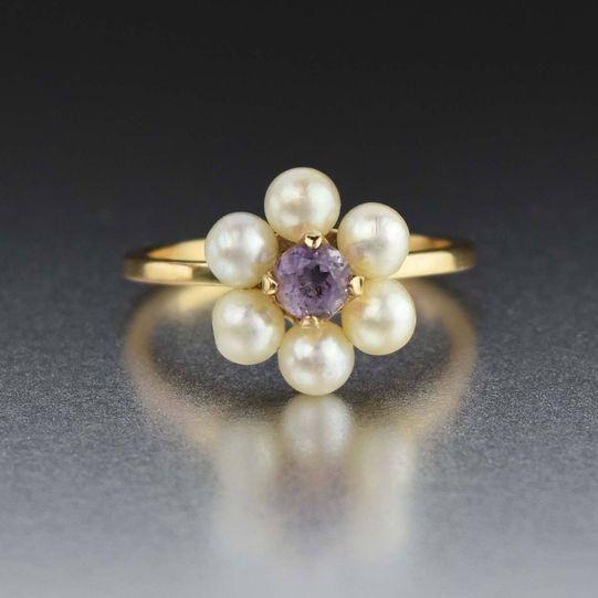 Vintage Gold Pearl Flower Ring with Sparkling Purple Crystal