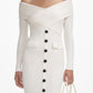 Off-the-Shoulder Ribbed Knit Dress with Black Buttons