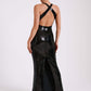 Rose Detail Sequin Backless Slit Hem Maxi Dress