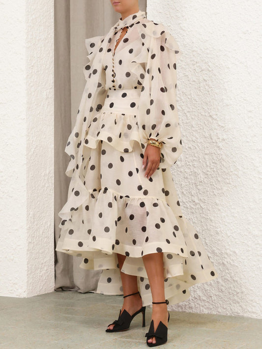 Elegant Polka Dot Ruffle Dress Set(No belt)